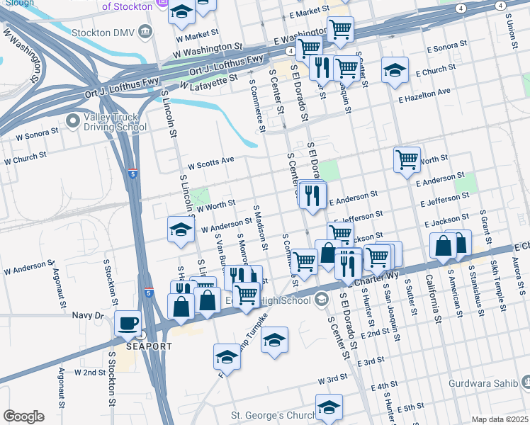 map of restaurants, bars, coffee shops, grocery stores, and more near 945 South Commerce Street in Stockton