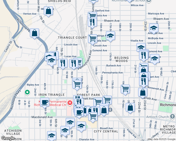 map of restaurants, bars, coffee shops, grocery stores, and more near 1201 Pennsylvania Avenue in Richmond