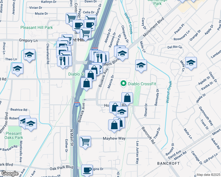 map of restaurants, bars, coffee shops, grocery stores, and more near 151 Loralee Place in Pleasant Hill