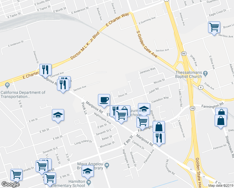 map of restaurants, bars, coffee shops, grocery stores, and more near 1735 Kemp Court in Stockton