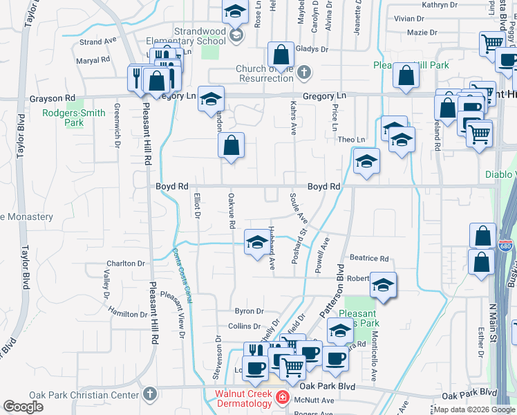 map of restaurants, bars, coffee shops, grocery stores, and more near 468 Boyd Road in Pleasant Hill