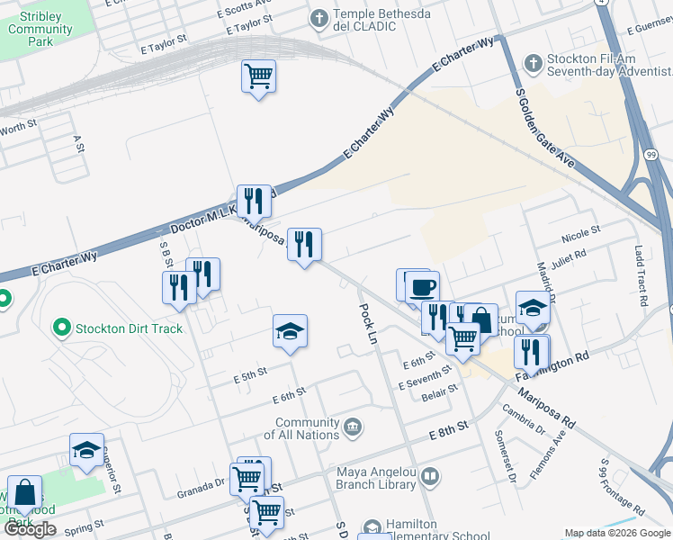 map of restaurants, bars, coffee shops, grocery stores, and more near 1710 Mariposa Road in Stockton