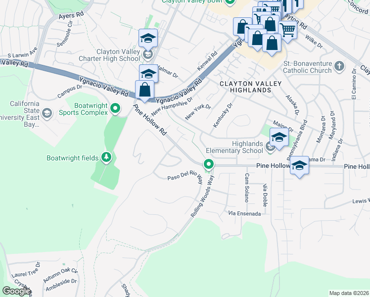 map of restaurants, bars, coffee shops, grocery stores, and more near 5323 Pine Hollow Road in Concord