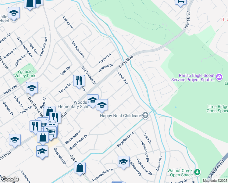 map of restaurants, bars, coffee shops, grocery stores, and more near 765 Brannan Place in Concord