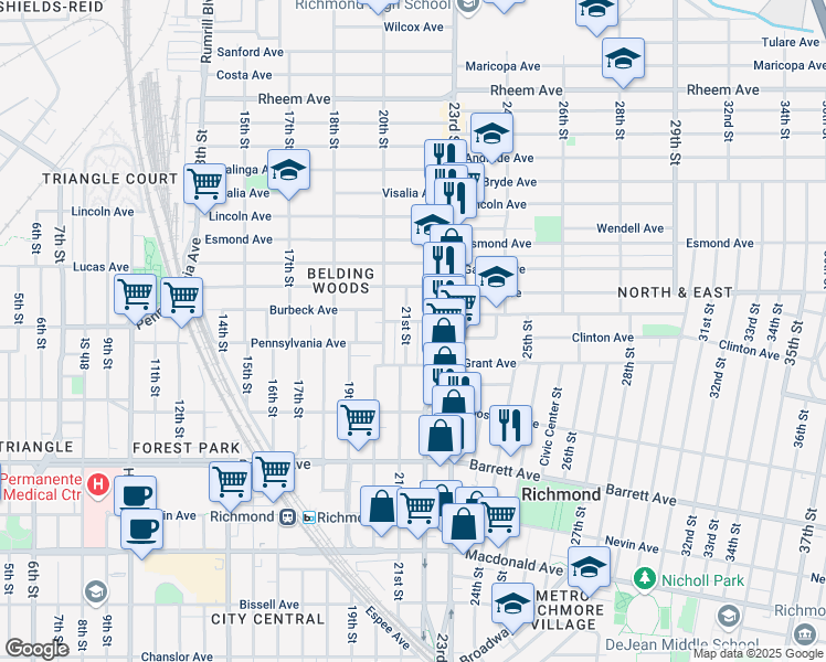 map of restaurants, bars, coffee shops, grocery stores, and more near 718 21st Street in Richmond