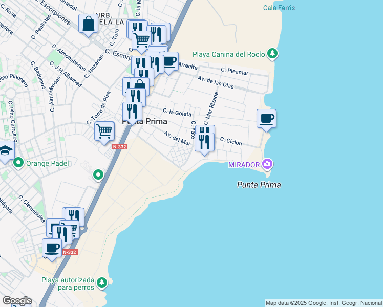 map of restaurants, bars, coffee shops, grocery stores, and more near 10 Calle Bergantín P Pr in Orihuela