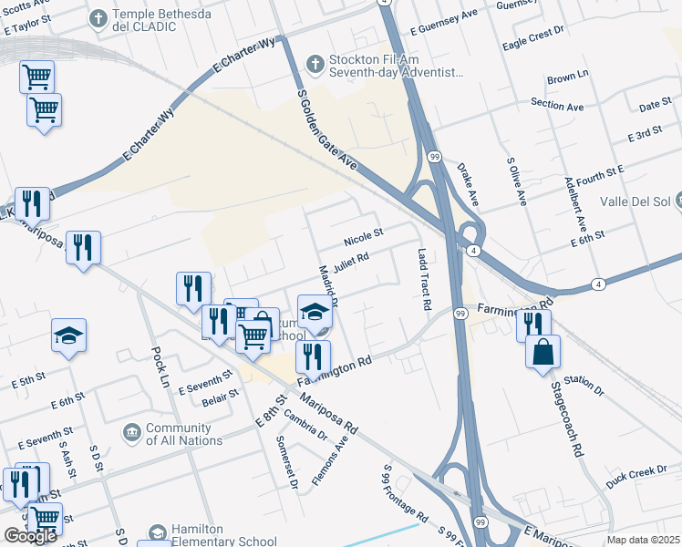 map of restaurants, bars, coffee shops, grocery stores, and more near 3036 Juliet Road in Stockton