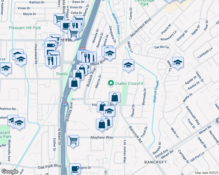 map of restaurants, bars, coffee shops, grocery stores, and more near 2420-2495 Estand Way in Pleasant Hill