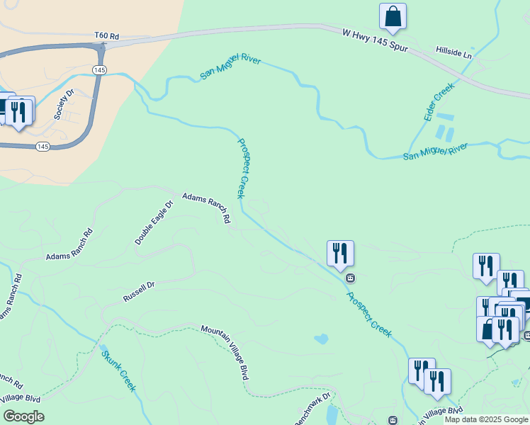 map of restaurants, bars, coffee shops, grocery stores, and more near 12 Boulders Way in Mountain Village