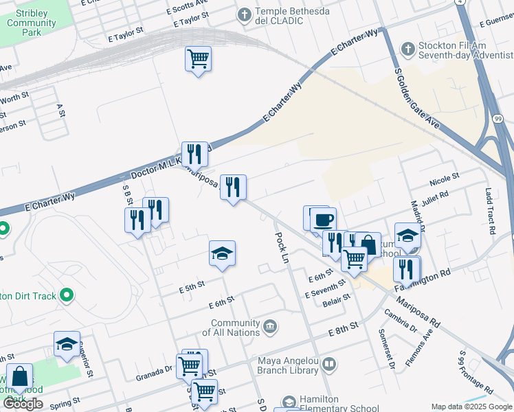 map of restaurants, bars, coffee shops, grocery stores, and more near 1718 East Mariposa Road in Stockton
