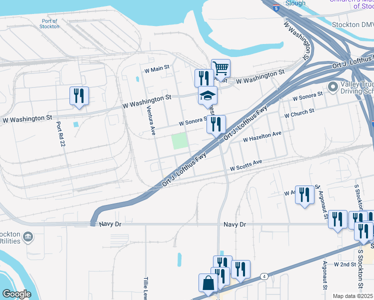 map of restaurants, bars, coffee shops, grocery stores, and more near 448 South Los Angeles Avenue in Stockton
