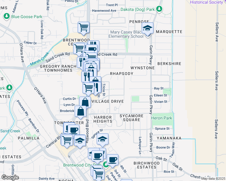 map of restaurants, bars, coffee shops, grocery stores, and more near 348 Collette Court in Brentwood