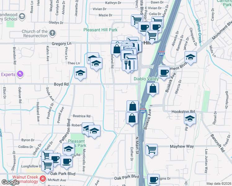 map of restaurants, bars, coffee shops, grocery stores, and more near 111 Cleaveland Road in Pleasant Hill