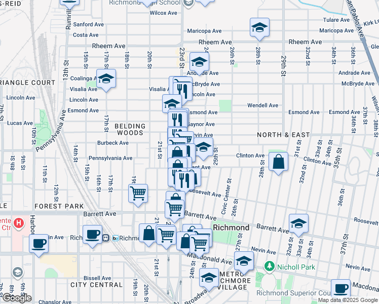 map of restaurants, bars, coffee shops, grocery stores, and more near 727 23rd Street in Richmond