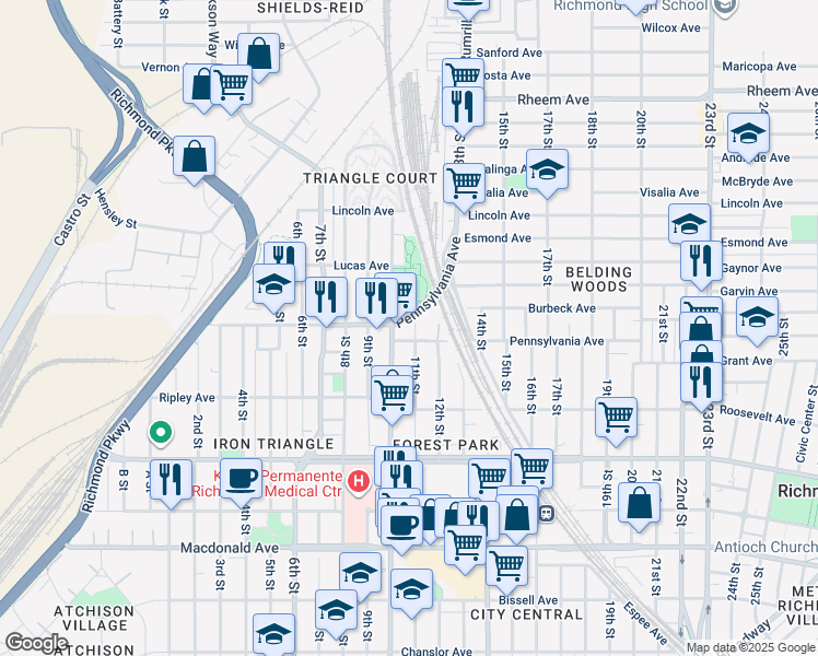 map of restaurants, bars, coffee shops, grocery stores, and more near 711 11th Street in Richmond