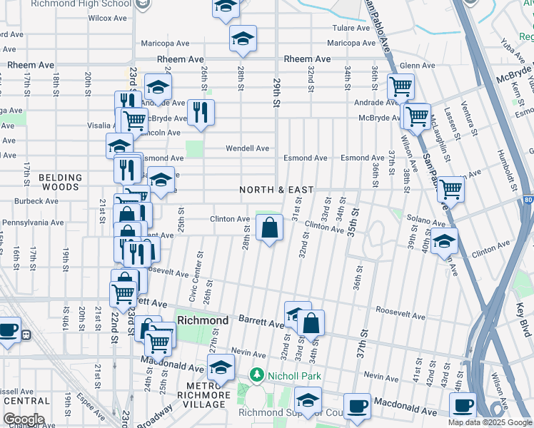 map of restaurants, bars, coffee shops, grocery stores, and more near 4100 Clinton Avenue in Richmond