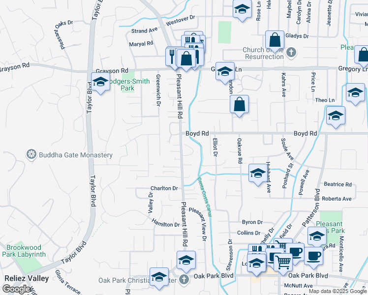 map of restaurants, bars, coffee shops, grocery stores, and more near 40 Molino Court in Pleasant Hill