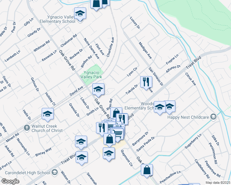 map of restaurants, bars, coffee shops, grocery stores, and more near 2603 Ryan Road in Concord
