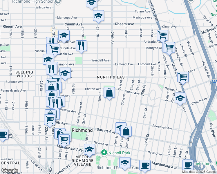 map of restaurants, bars, coffee shops, grocery stores, and more near 2910 Clinton Avenue in Richmond