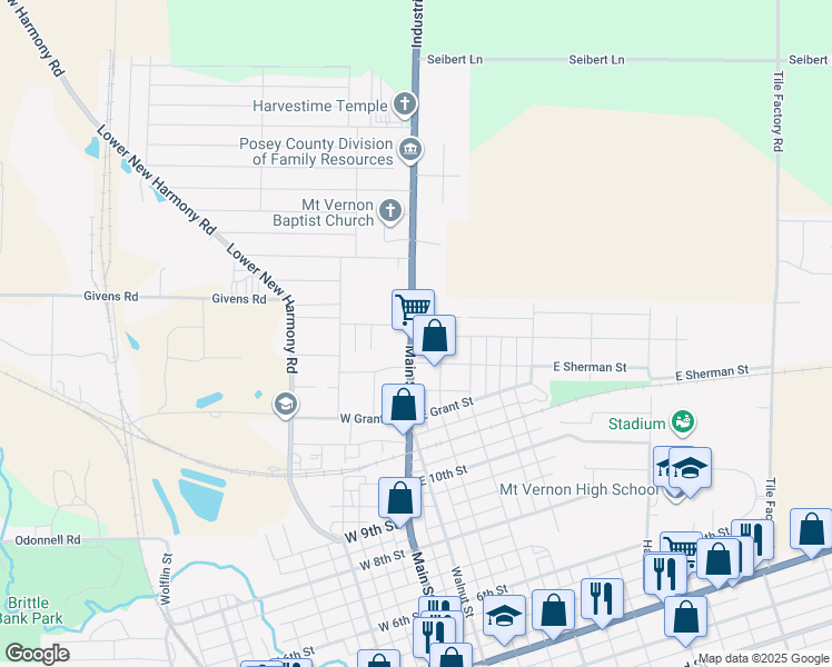 map of restaurants, bars, coffee shops, grocery stores, and more near 201 East Lincoln Avenue in Mount Vernon
