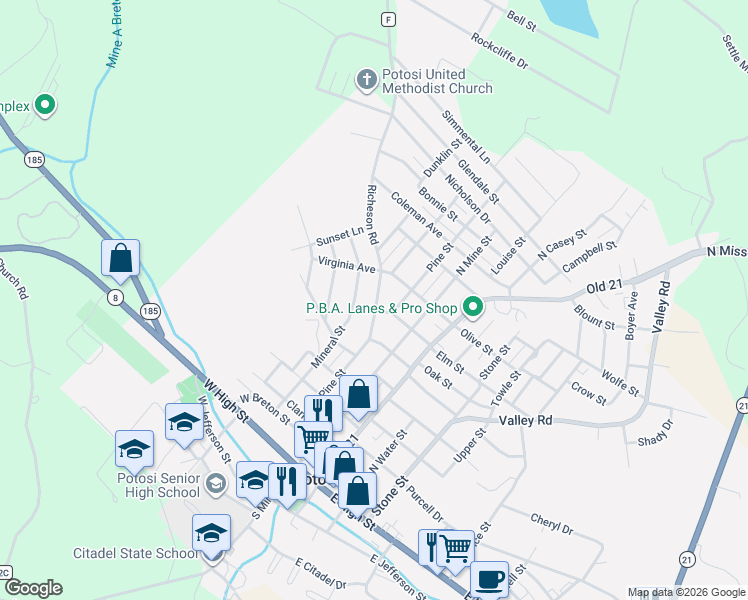 map of restaurants, bars, coffee shops, grocery stores, and more near 611 Mineral Street in Potosi