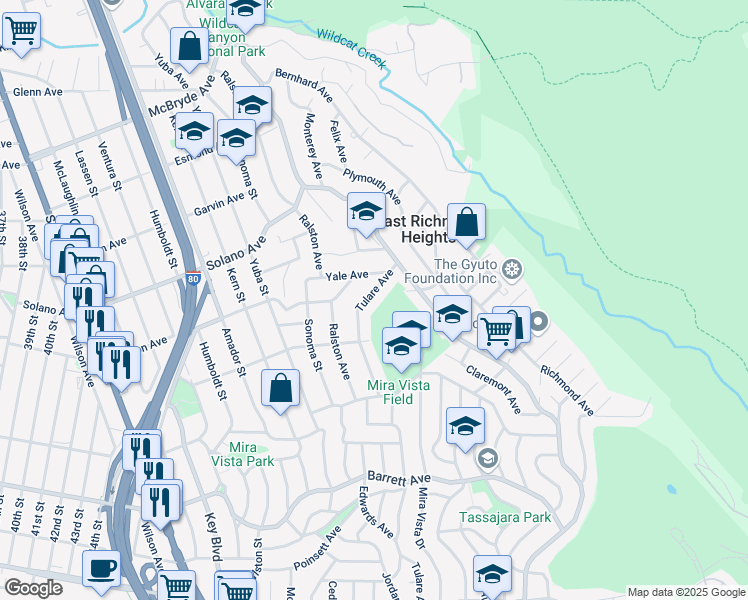 map of restaurants, bars, coffee shops, grocery stores, and more near 1773 Tulare Avenue in Richmond