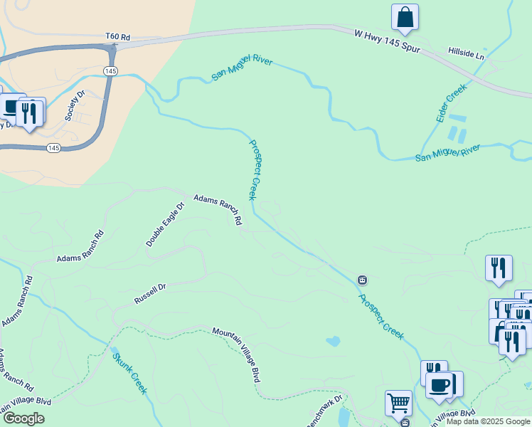 map of restaurants, bars, coffee shops, grocery stores, and more near 12 Boulders Way in Mountain Village