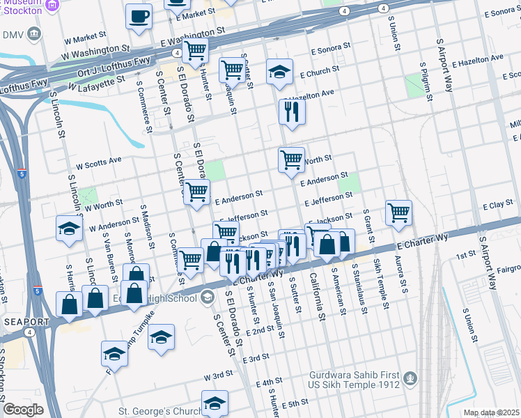 map of restaurants, bars, coffee shops, grocery stores, and more near 1040 S San Joaquin St in Stockton