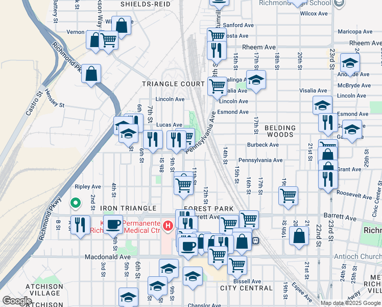 map of restaurants, bars, coffee shops, grocery stores, and more near 711 11th Street in Richmond