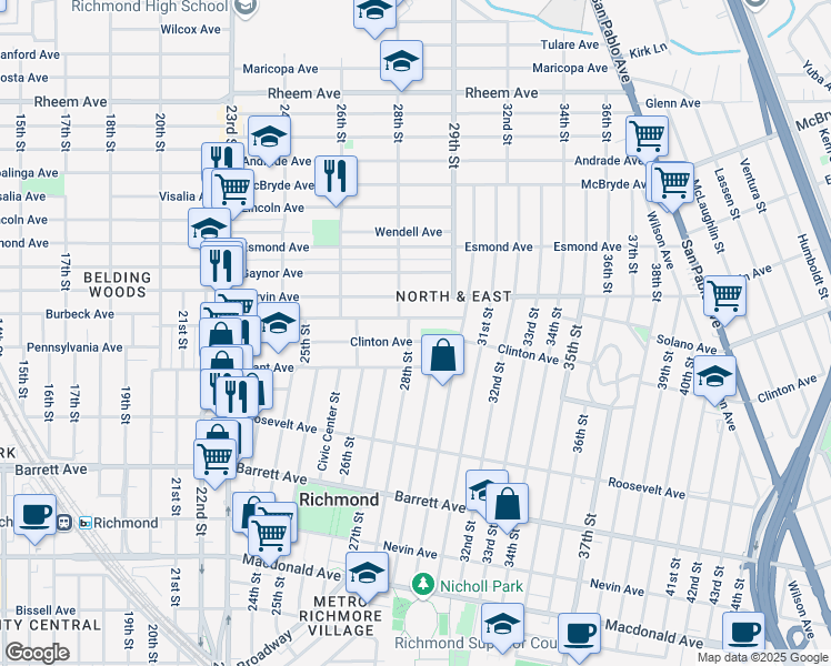 map of restaurants, bars, coffee shops, grocery stores, and more near 710 28th Street in Richmond