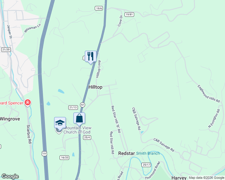 map of restaurants, bars, coffee shops, grocery stores, and more near 139 Red Star Hill "B" Road in Hilltop