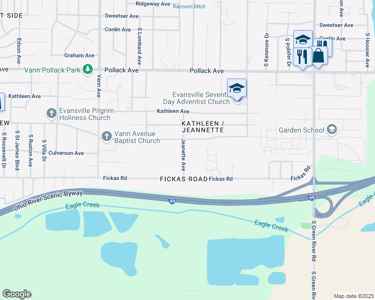 map of restaurants, bars, coffee shops, grocery stores, and more near 2616 Jeanette Avenue in Evansville
