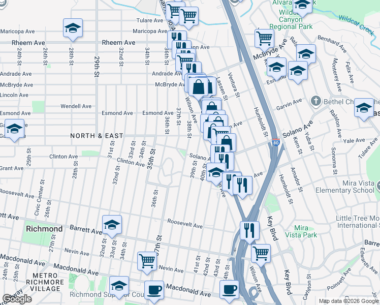 map of restaurants, bars, coffee shops, grocery stores, and more near 3809 Solano Avenue in Richmond