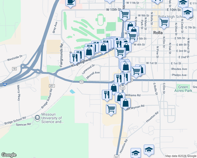 map of restaurants, bars, coffee shops, grocery stores, and more near 900 Ridgeview Road in Rolla