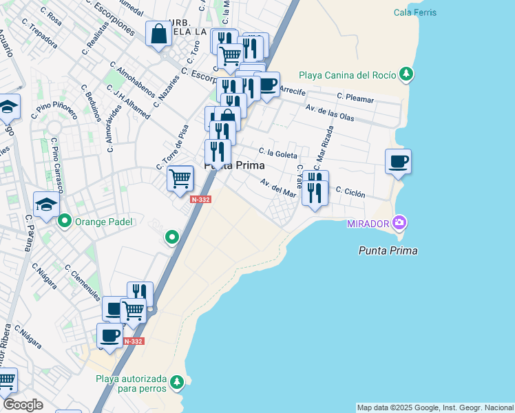 map of restaurants, bars, coffee shops, grocery stores, and more near 25 Calle Fragata P Pr in Orihuela