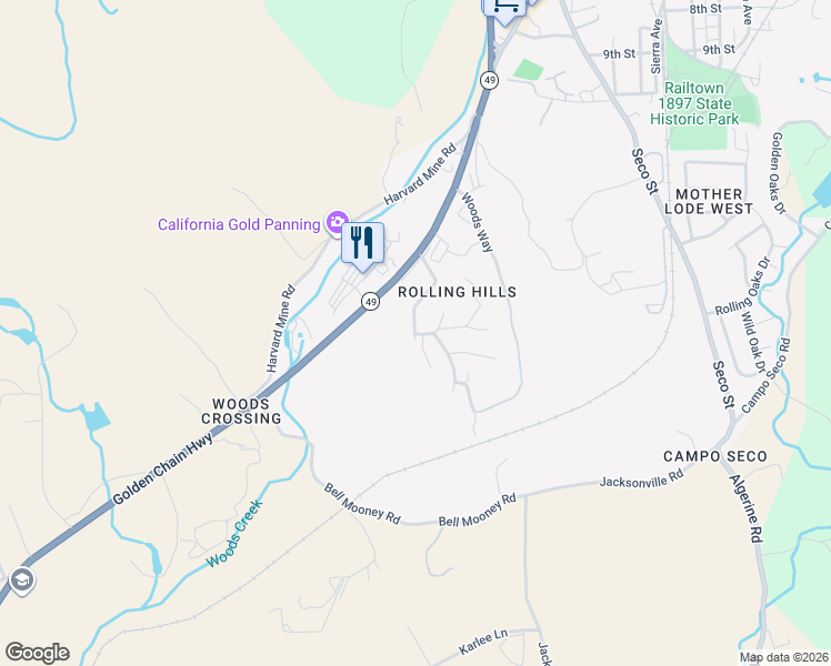 map of restaurants, bars, coffee shops, grocery stores, and more near 17633 Rolling Hills Boulevard in Jamestown