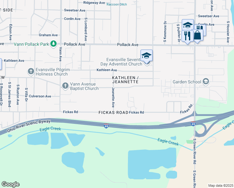 map of restaurants, bars, coffee shops, grocery stores, and more near 2616 Jeanette Avenue in Evansville