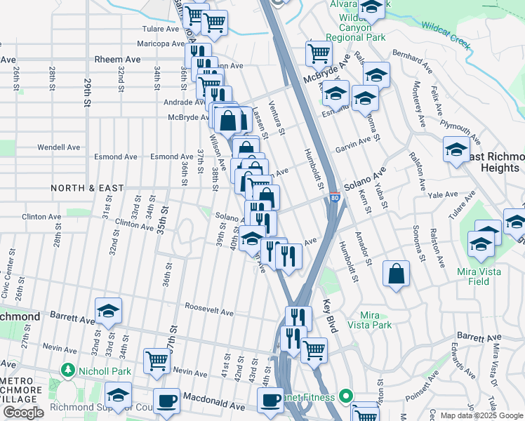 map of restaurants, bars, coffee shops, grocery stores, and more near 12620 San Pablo Avenue in Richmond