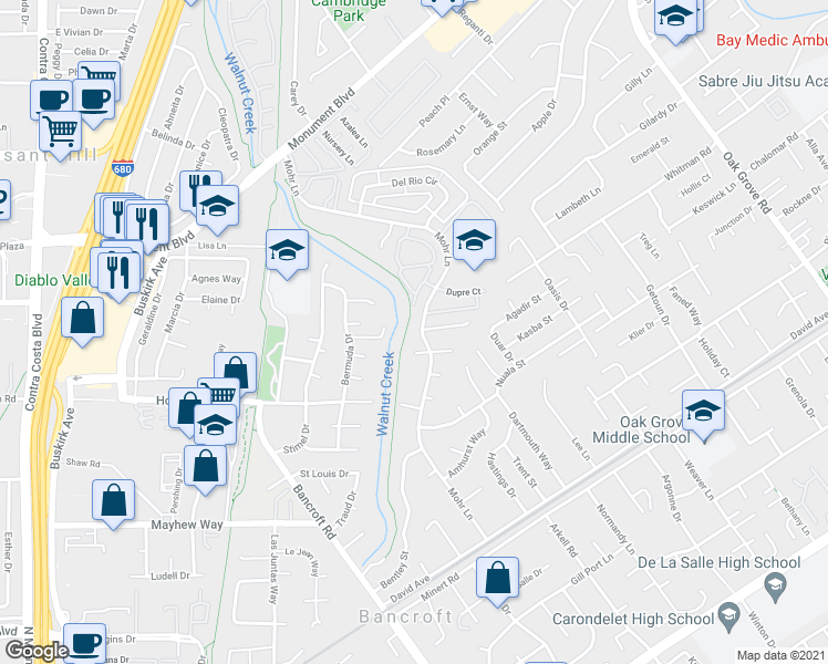 map of restaurants, bars, coffee shops, grocery stores, and more near 997 Mohr Lane in Concord