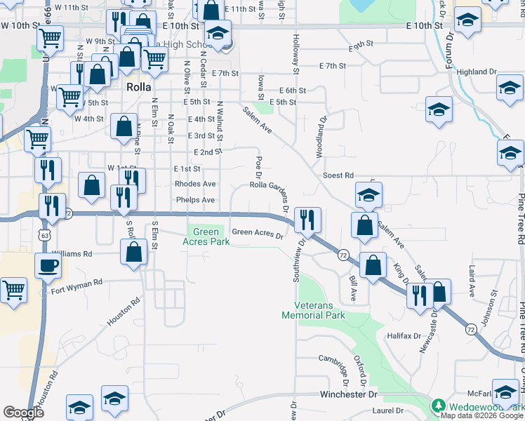 map of restaurants, bars, coffee shops, grocery stores, and more near 72 Iris Court in Rolla
