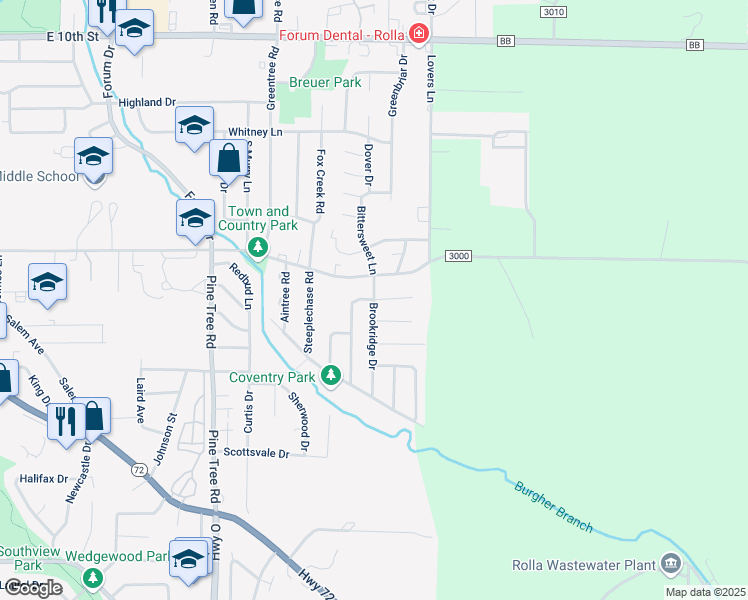 map of restaurants, bars, coffee shops, grocery stores, and more near 1800 Belmont Court in Rolla