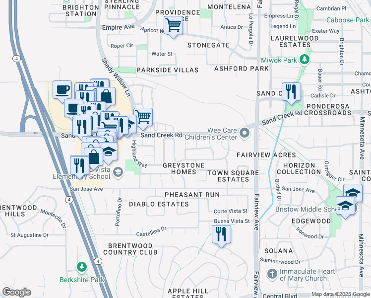 map of restaurants, bars, coffee shops, grocery stores, and more near Cypress St & Juniper Ct in Brentwood