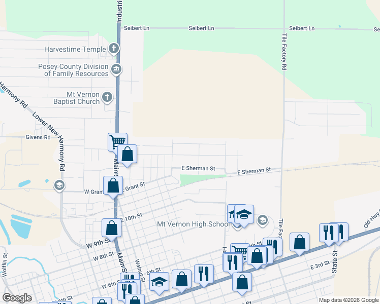 map of restaurants, bars, coffee shops, grocery stores, and more near 709 East Lincoln Avenue in Mount Vernon