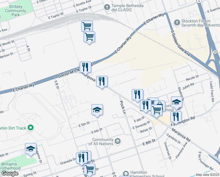 map of restaurants, bars, coffee shops, grocery stores, and more near 1718 East Mariposa Road in Stockton