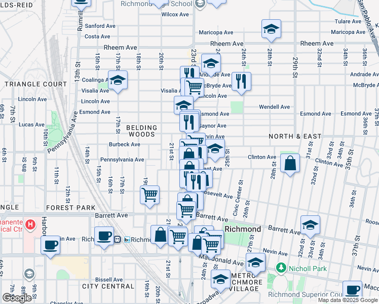 map of restaurants, bars, coffee shops, grocery stores, and more near 727 23rd Street in Richmond