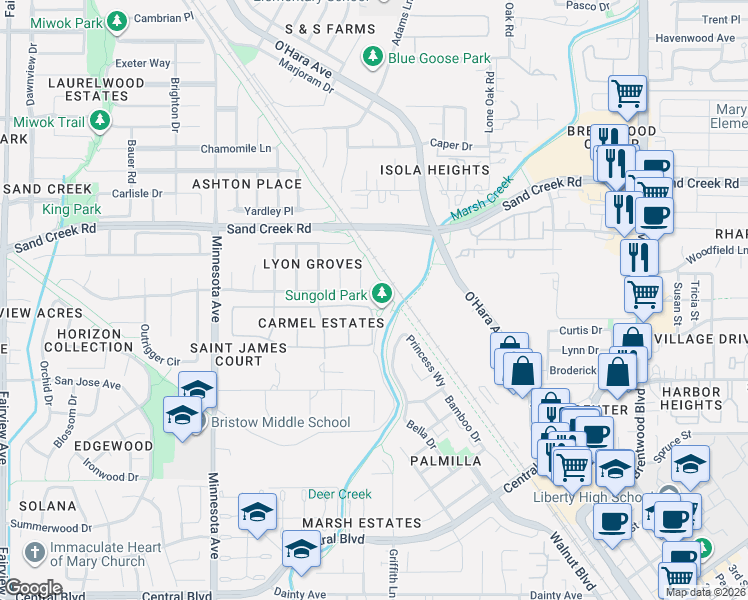 map of restaurants, bars, coffee shops, grocery stores, and more near 566 Sungold Court in Brentwood
