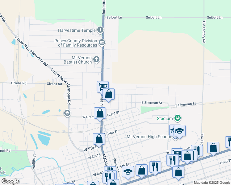 map of restaurants, bars, coffee shops, grocery stores, and more near 325 East Lincoln Avenue in Mount Vernon