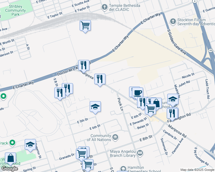 map of restaurants, bars, coffee shops, grocery stores, and more near 1700 Mariposa Road in Stockton