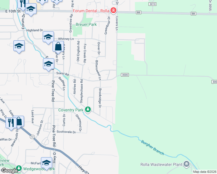 map of restaurants, bars, coffee shops, grocery stores, and more near 1810 Belmont Court in Rolla