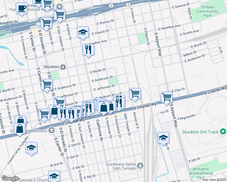 map of restaurants, bars, coffee shops, grocery stores, and more near 1128 South Stanislaus Street in Stockton